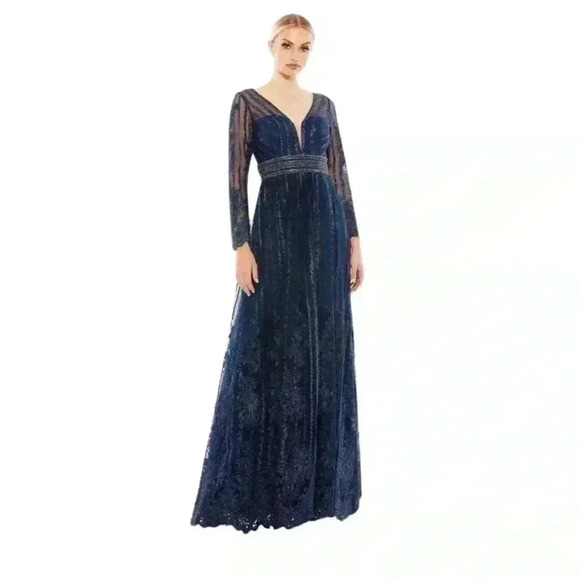 New Mac Duggal Midnight Navy Blue Embroidered A Line Gown Size 14 - Picture 1 of 16